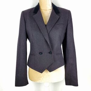 Cassidy Black Velvet Collar Pinstripe Wool Cropped Blazer 8 Vintage 90s Academia